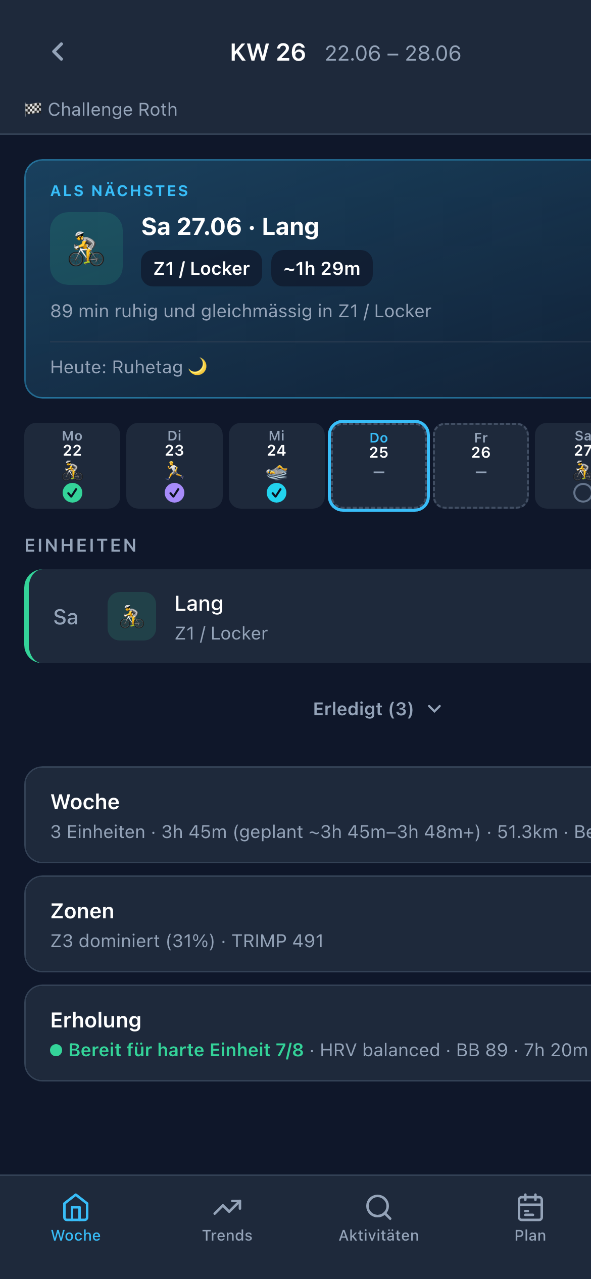 Trifecta Wochen-Ansicht auf dem iPhone: Countdown zur Challenge Roth, nächste Einheit und Bereitschaft 7 von 8.